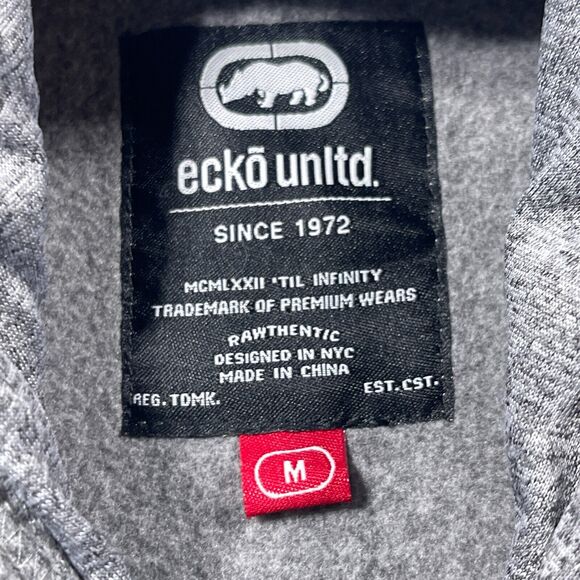 Ecko Unltd Hoodie Men Medium Gray Pullover Big Rhino Logo Skater‎ Grunge - Picture 9 of 11
